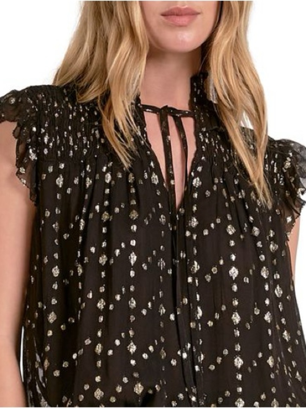 Elan Black Metallic Dot Ruffle Sleeve Women’s Top